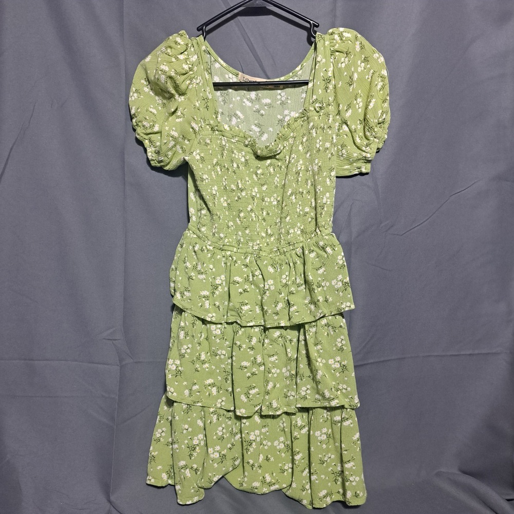 Liberty Love Sage Green Daisy Floral Smocked Tiered Ruffle Mini Dress Medium